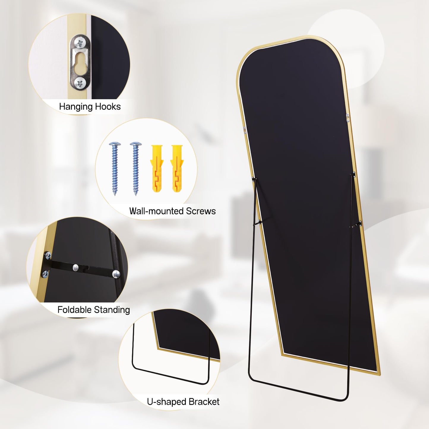 Anpark Oversized Floor Mirror - 71"x30" Arched Freestanding Full Body Mirror with Stand, Hanging or Wall Mounted for Living Room, Bedroom - Gold