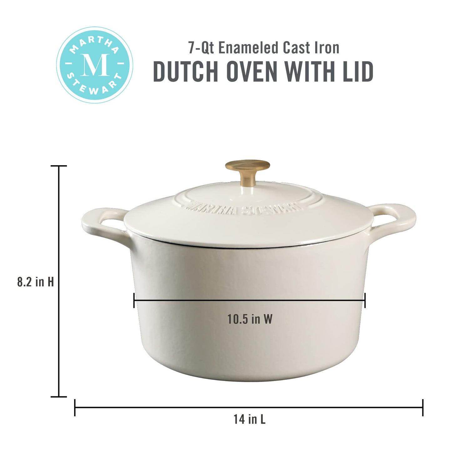 Martha Stewart Lockton Premium Nonstick PFA Free Ceramic Interior 10 Piece Heavy Gauge Enamel Aluminum Pots and Pans Cookware Set - Linen White w/Gold Handle & Gatwick 7 QT Enamel Cast Iron Dutch Oven