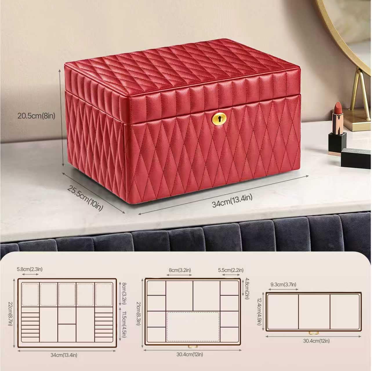Homruilink Genuine Leather Jewelry Box – 3 Layer Large Jewelry Organizer with Mirror, Lockable Jewelry Box for Women – Necklace, Ring, Earring Organizer with Drawer - Mothers Day Gifts for Mom (Red)