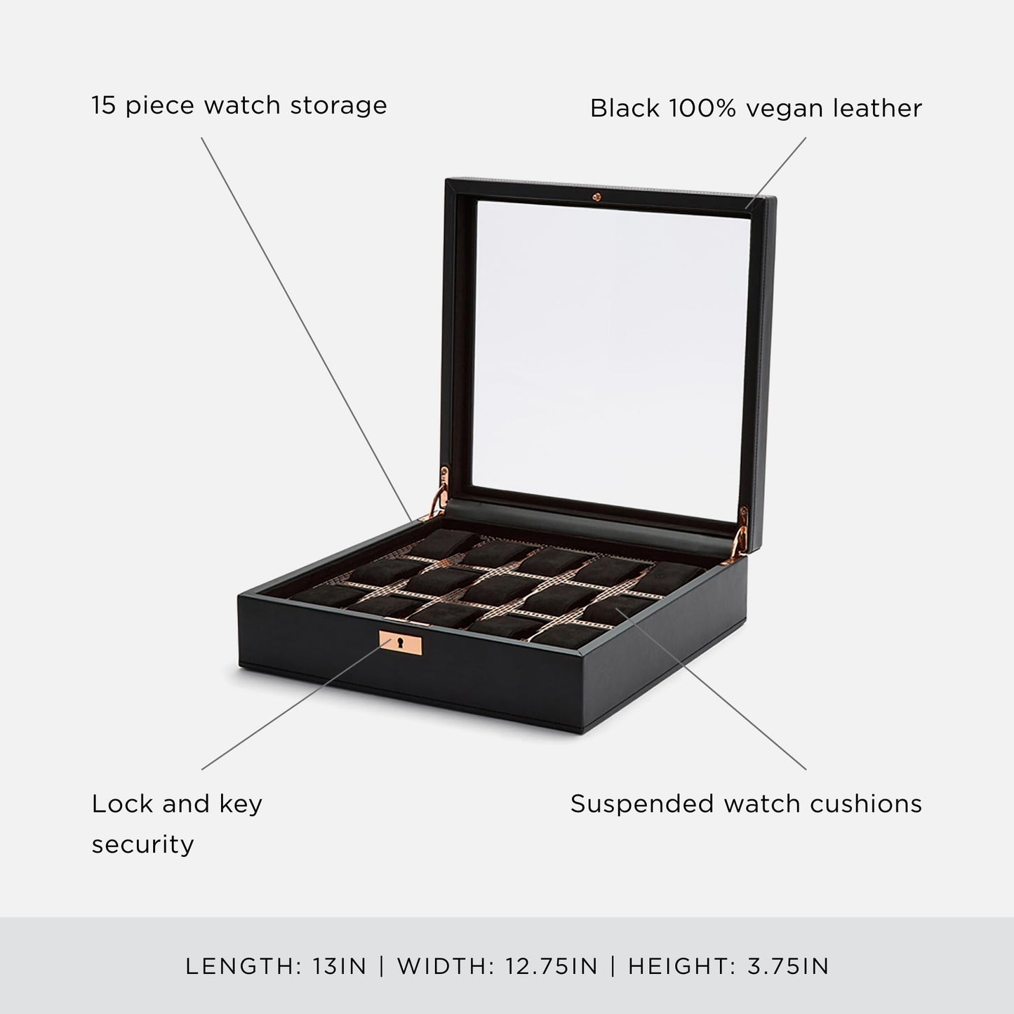WOLF Axis 15-Piece Watch Box, Copper - Features 15 Watch Compartments, Lock and Key, Suspended Watch Cushions & Smart Watch USB Port