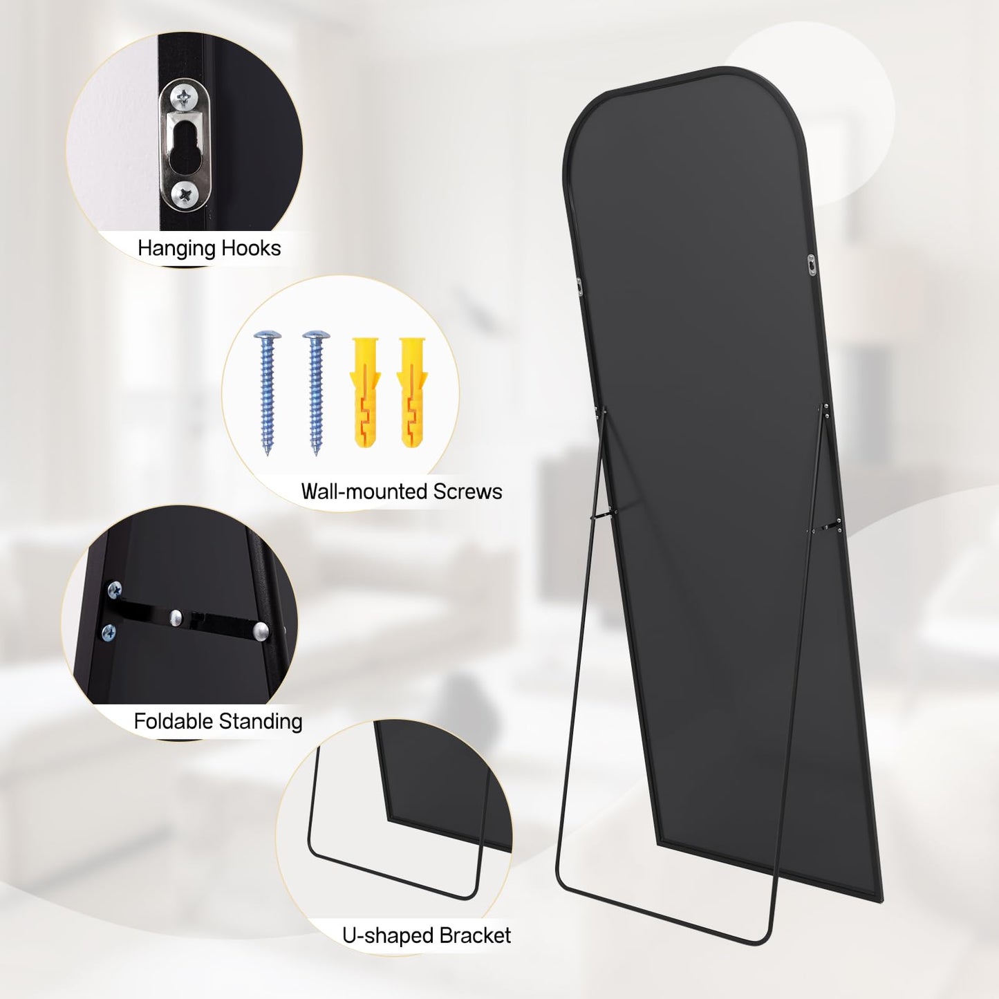 Anpark Oversized Floor Mirror - 71"x30" Arched Freestanding Full Body Mirror with Stand, Hanging or Wall Mounted for Living Room, Bedroom - Black