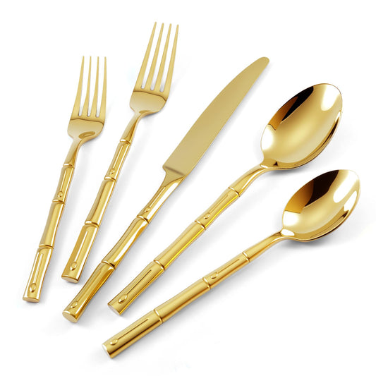 SILWELL Silverware 60-Piece Stainless Steel Mirror Polishing Gold Flatware Set Bamboo Pattern Cutlery Set Service for 12