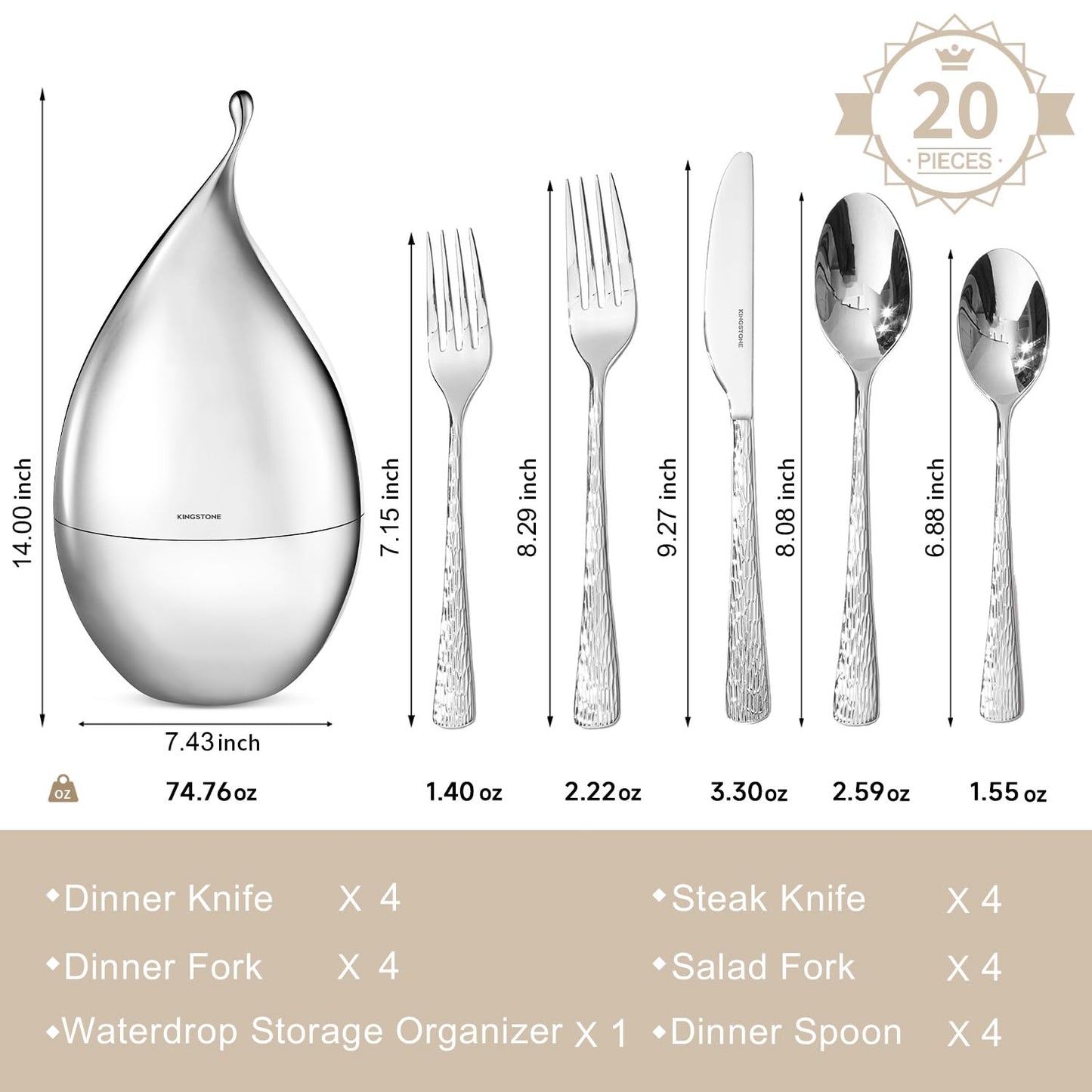 KINGSTONE Silverware Set with Waterdrop Storage Organizer, 20-Piece Flatware Cutlery Set in Gift Box, Forged Premium Stainless Steel Mirror Polished, Service for 4, Ideal for Kitchen, Party, Gift
