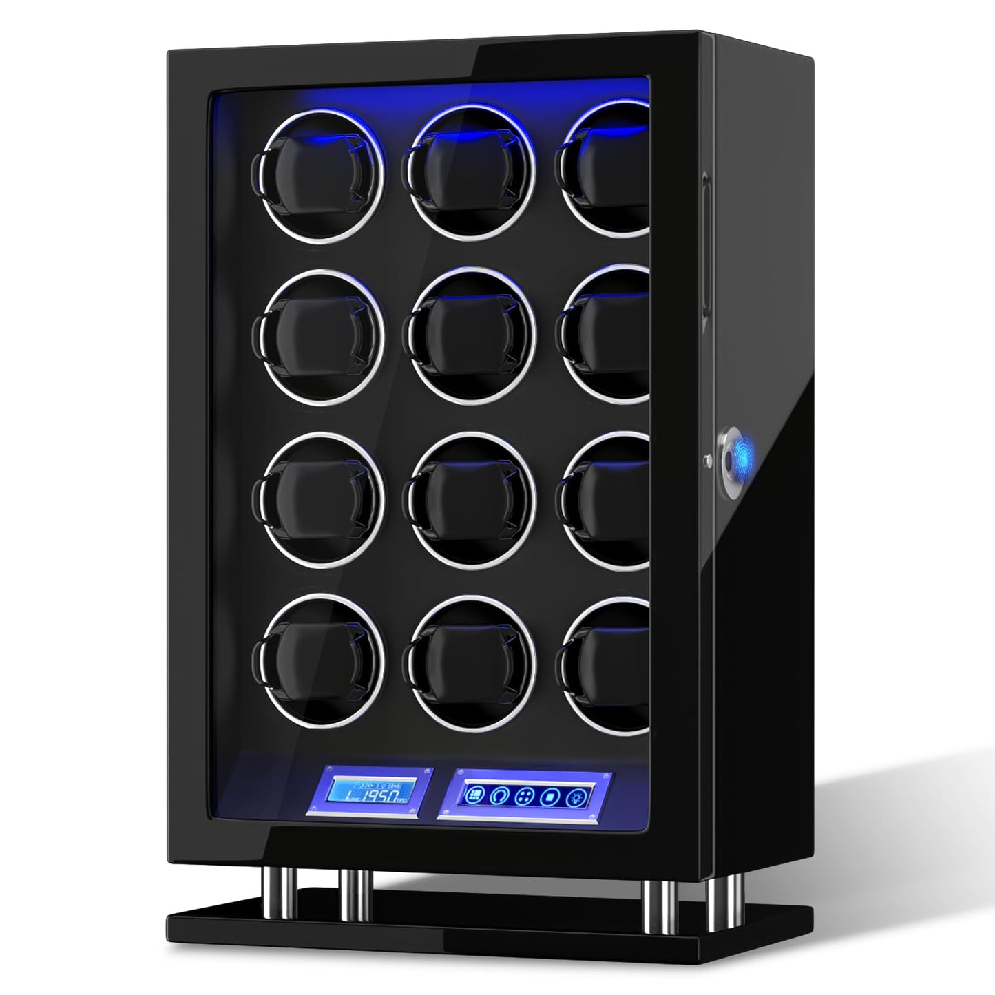DUKWIN Watch Winder for 12 Automatic Watches, Fingerprint Lock Watch Winders with LCD Touchscreen, Blue LED Light, Remote Control,Adjustable Pillow and Quiet Motor for Universal Watches, 5TPD