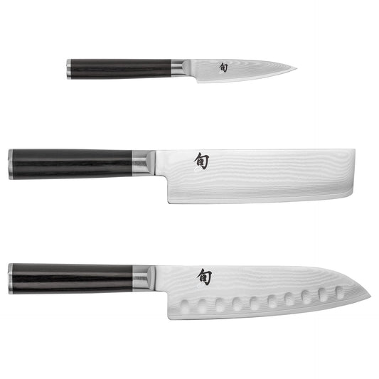 Shun Classic 3 Piece Japan Starter Set, Includes 7" Hollow Ground Santoku, 3.5" Paring & 6.5" Nakiri Knives, Handcrafted Japanese Knife Set, Damascus Stainless Steel Cladding, Pakkawood Handles