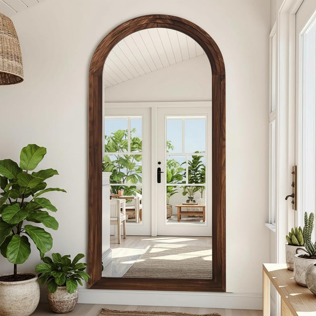 ITSRG Full Length Mirror with Solid Wood Frame, Arched Wall Miiror, 71x32 Farmhouse Wall Mounted Floor Mirror with Stand, Floor Mirror Freestading, Brown