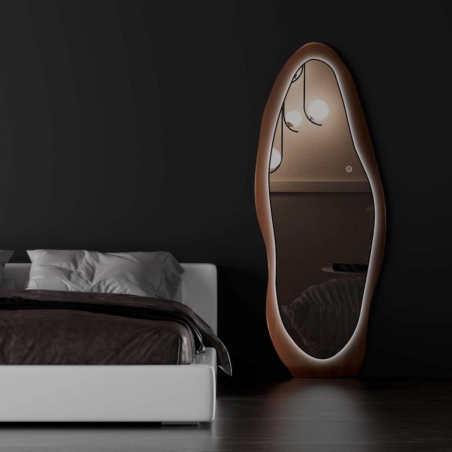 osemy 67"x 26" LED Wood Full Length Mirror with Lights Irregular Wavy Full Body Mirror Shatter-Proof Hanging/Leaning Wall Mounted Walnut Wooden Framed for Dressing Bedroom Living Room