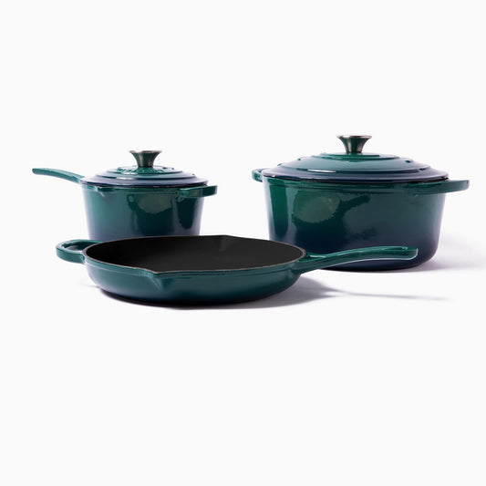 Larder & Vine 5-Piece Enameled Cast Iron Cookware Set - Includes 5.7 Quart Dutch Oven with Lid, 10.25 Inch Skillet, 2.2 Quart Saucepan with Lid (Bondi)