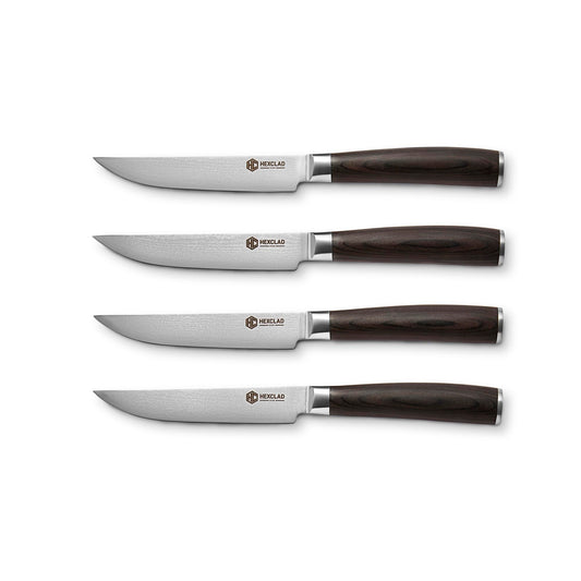 HexClad Espresso Steak Knife Set, 4-Pieces Damascus Stainless Steel Blades, Full Tang Construction, Pakkawood Handles