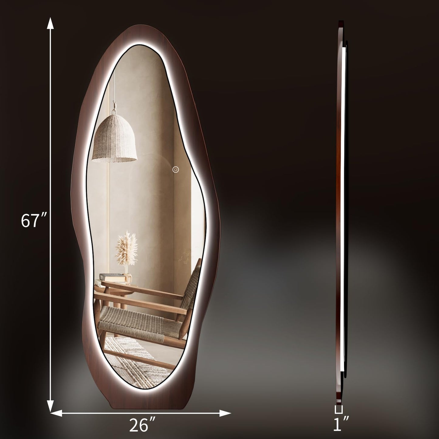 osemy 67"x 26" LED Wood Full Length Mirror with Lights Irregular Wavy Full Body Mirror Shatter-Proof Hanging/Leaning Wall Mounted Walnut Wooden Framed for Dressing Bedroom Living Room