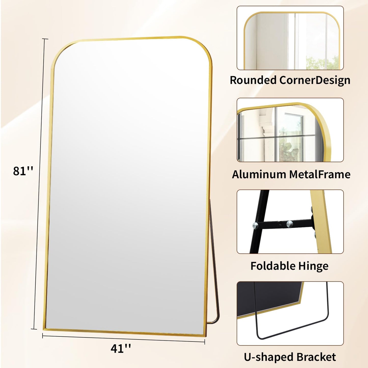 Riskioir Full Length Mirror 81"x41" Arched Floor Standing Large Mirrors Full Body Mirror with Stand - with Aluminum Frame for Bedroom Living Room, Gold
