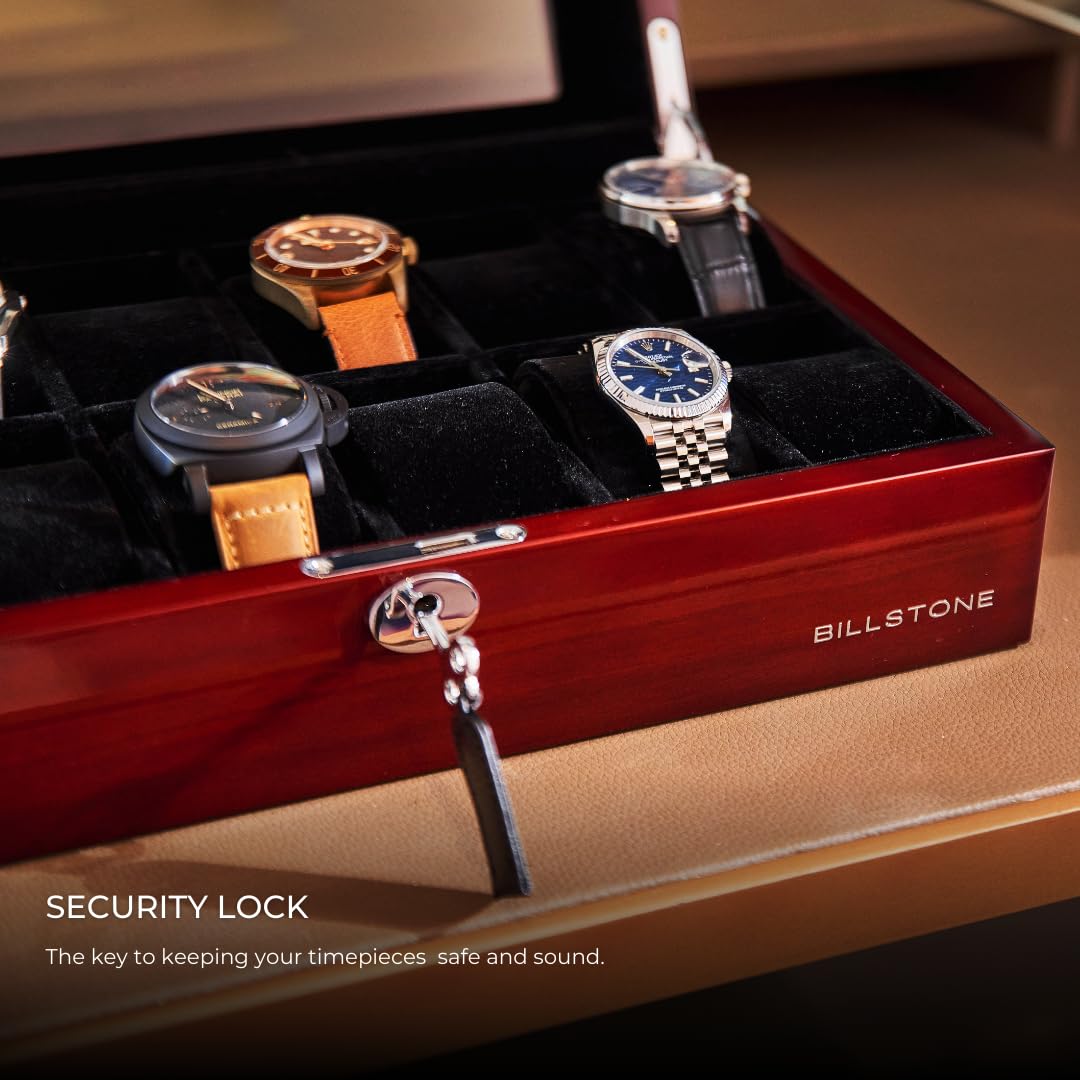 BILLSTONE Heritage 12 Wooden Watch Box – 12 Slot Watch Organizer, High-Polish Bubinga Wood with Black Velvet Interior