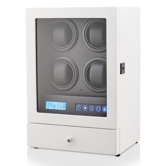 Automatic Watch Winder with LED Light, Storage Drawer and LCD Touchscreen Control (White)