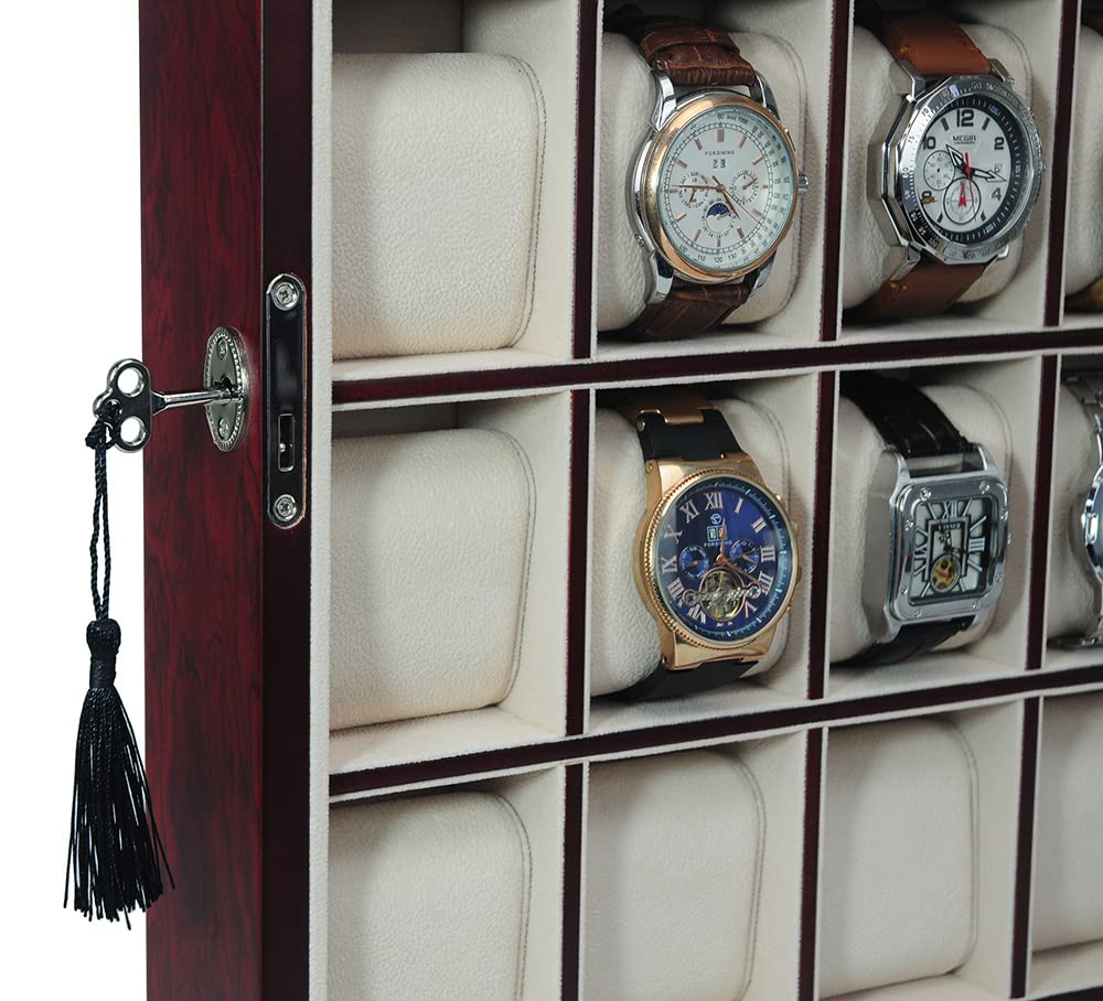 TIMELYBUYS 30 Piece Cherry Wood Watch Display Wall Hanging Case and Storage Organizer Box and Stand Father's Day