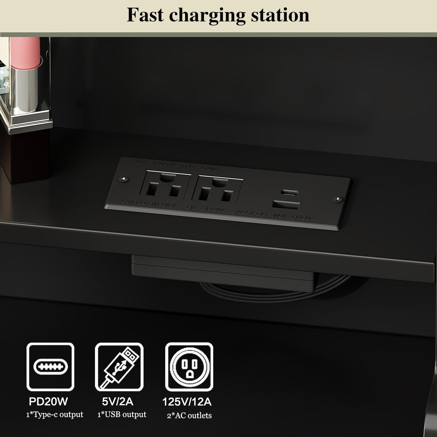 Ieejdn Makeup Vanity Desk with Mirror and Lights, Vanity Desk with 8 Drawers & Storage Shelves, Vanity Table with Power Outlet, 3 Color Modes & Adjustable Brightness Dressing Table, Bedroom,Black