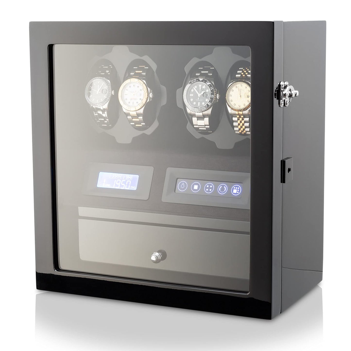 4 Watch Winder with 5 Watch Storage Space, LCD Display, Touch Control and Interior Light (Black + Black)