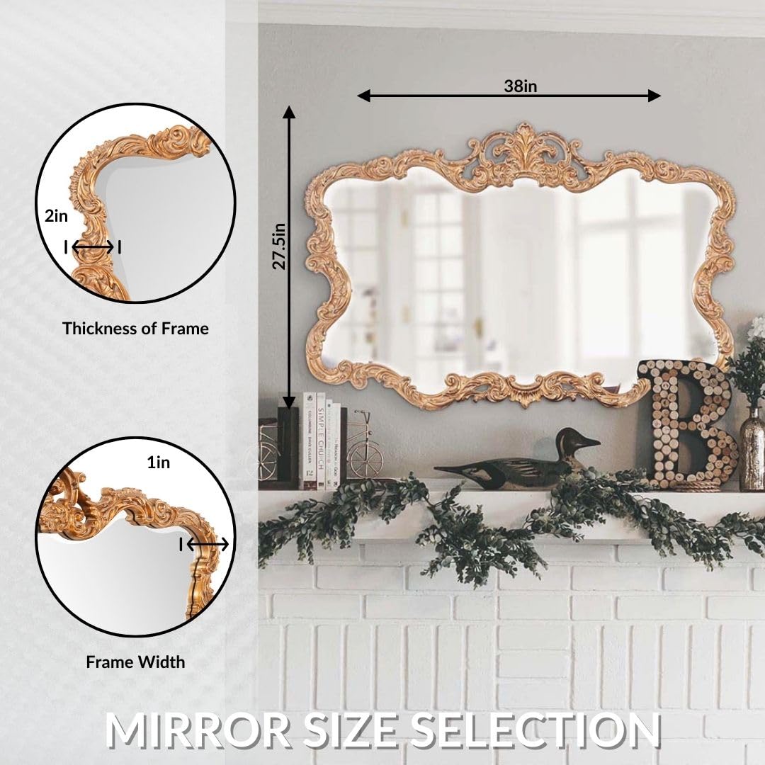Howard Elliott Collection Antiqued Talida Gold Ornate Mirror for Wall, Large Focal Point Rectangular Bedroom Living Room & Vanity Wall Mounted Mirror in Resin Frame, Gold Leaf, 27 x 38 Inch