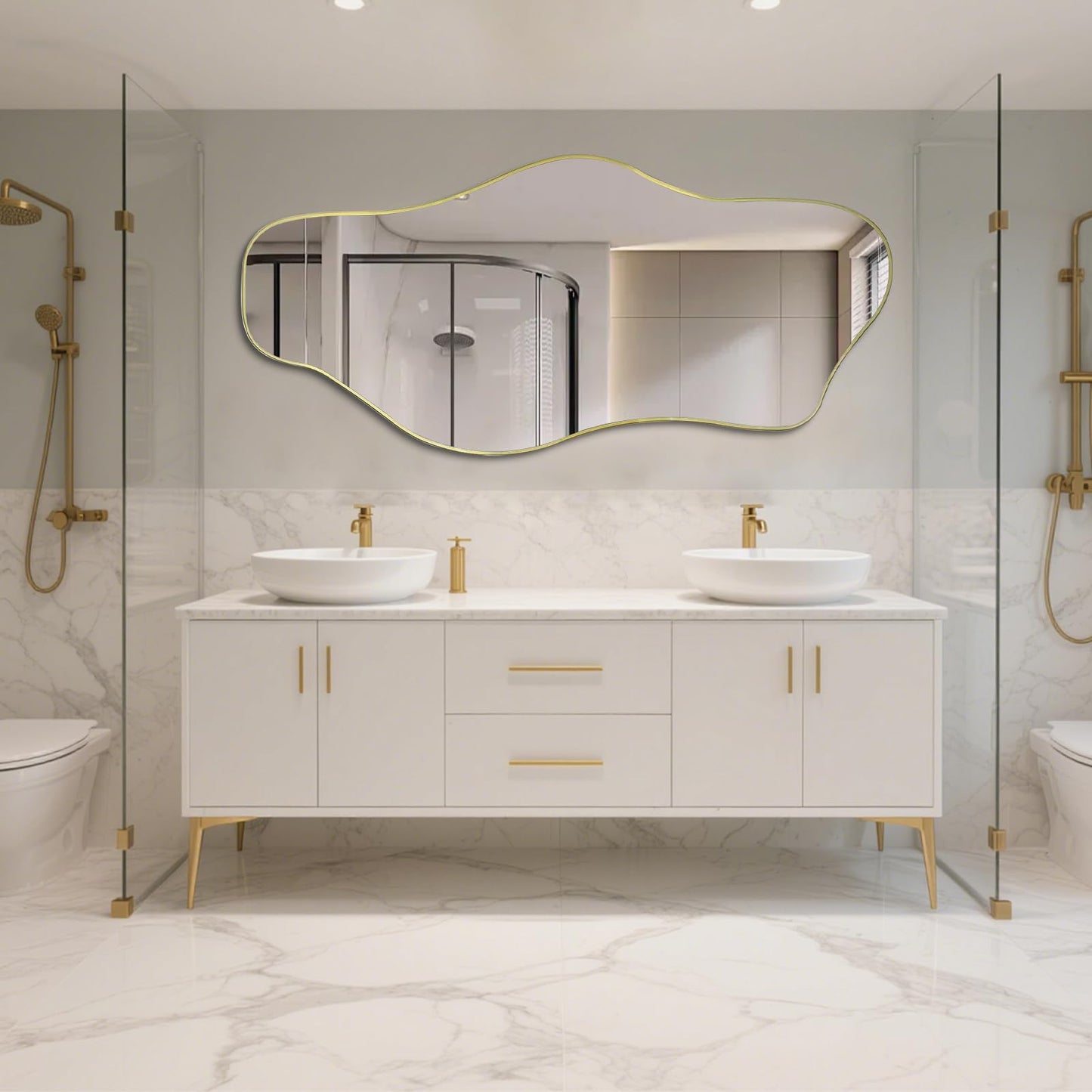 DAOYIJIAJU Irregular Mirror Full Length, 67"x31" Large Asymmetrical Tempered Glass Mirror, Gold Organic Frameless Wall Mirrors for Living Room Bedroom Hallway Entryway, Horizontal or Vertical Hanging