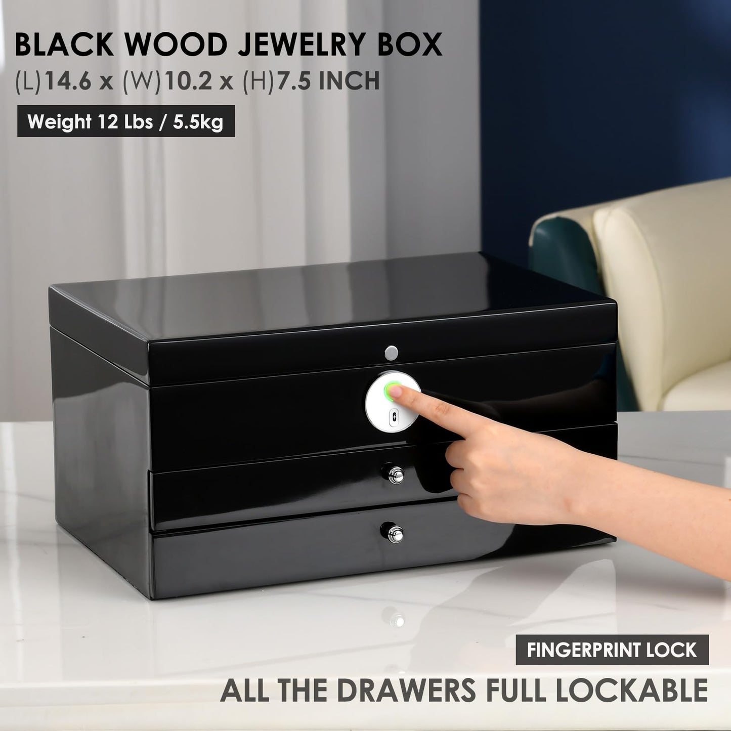 SYENS Jewelry Box with Fingerprint Lock, Black Wood Piano Lacquer Jewellery Organizer Storage Box with Drawer, 3-layer Full Lockable, for Women or Men's gift