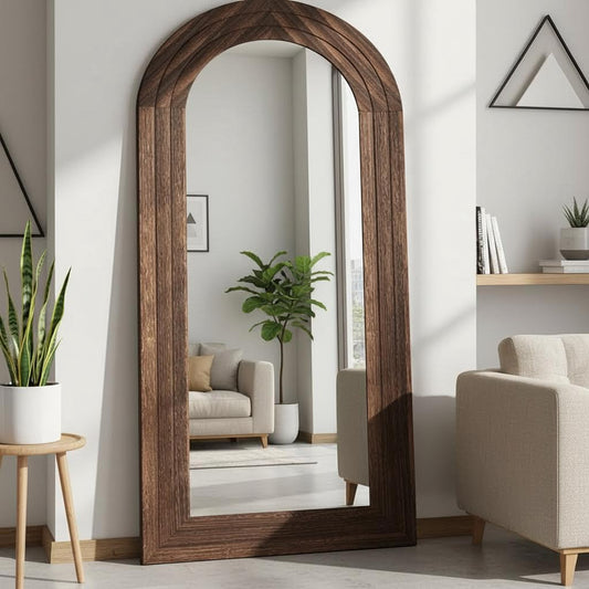 ITSRG Full Length Mirror with Solid Wood Frame, Arched Wall Miiror, 71x32 Farmhouse Wall Mounted Floor Mirror with Stand, Floor Mirror Freestading, Brown