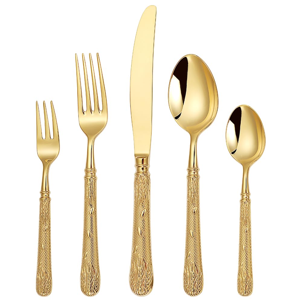 ELiTA ESSENTIALS Luxury 20-Piece Wheat Ear Design Silverware Set, Premium 18/10 Stainless Steel Flatware, Serving 4. (Gold)
