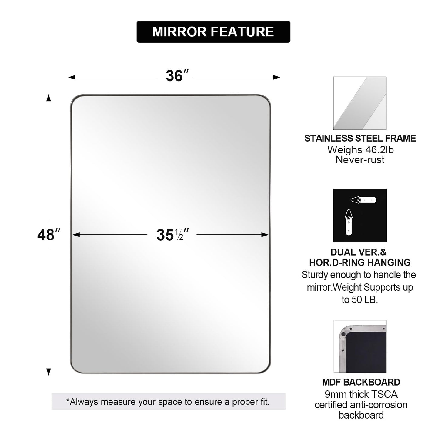 ANDY STAR 36"x48"Chrome Bathroom Mirror, Large Wall Mirror for Bathroom, Rounded Rectangle Mirror in Premium Stainless Steel Metal Frame Hangs Horizontal Or Vertical…