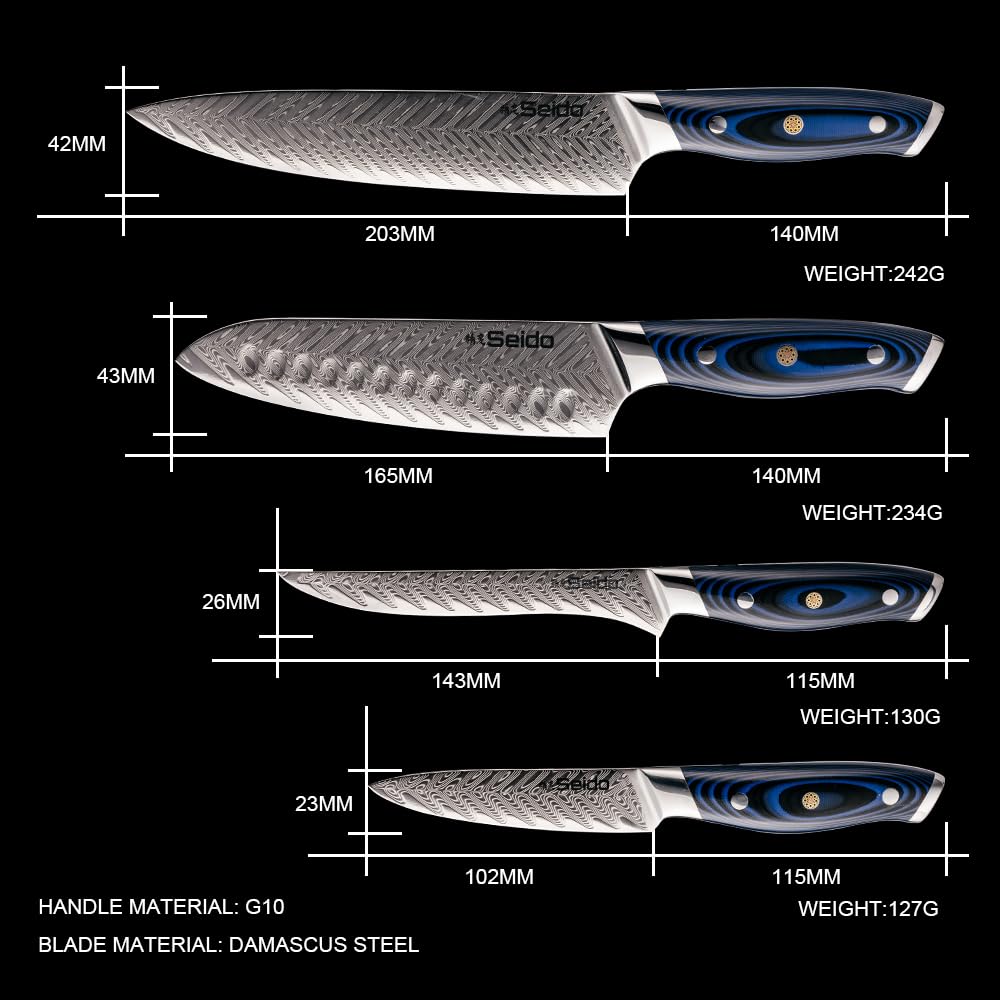 Seido Knives 4-Piece Kanpeki VG10 Damascus Steel Knife Set - Professional Chef Knife Set with Blue Handle - Includes Chef Knife
