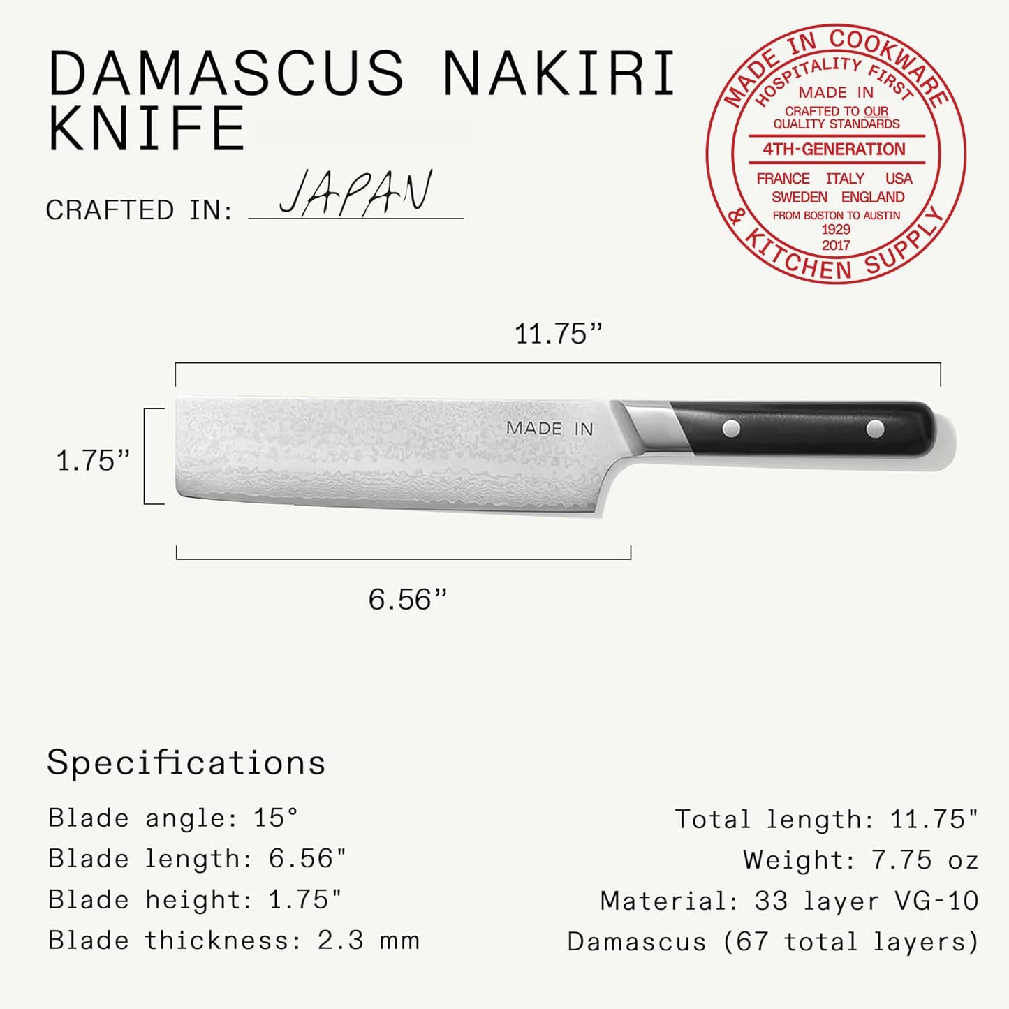 Made In Cookware | 3-piece Japanese Damascus Steel Knife Set (Includes Gyuto, Nakiri and Santoku) | 66 Layers of Damascus Steel with a VG-10 Core | Crafted in Japan | Full Tang With Black POM Handle