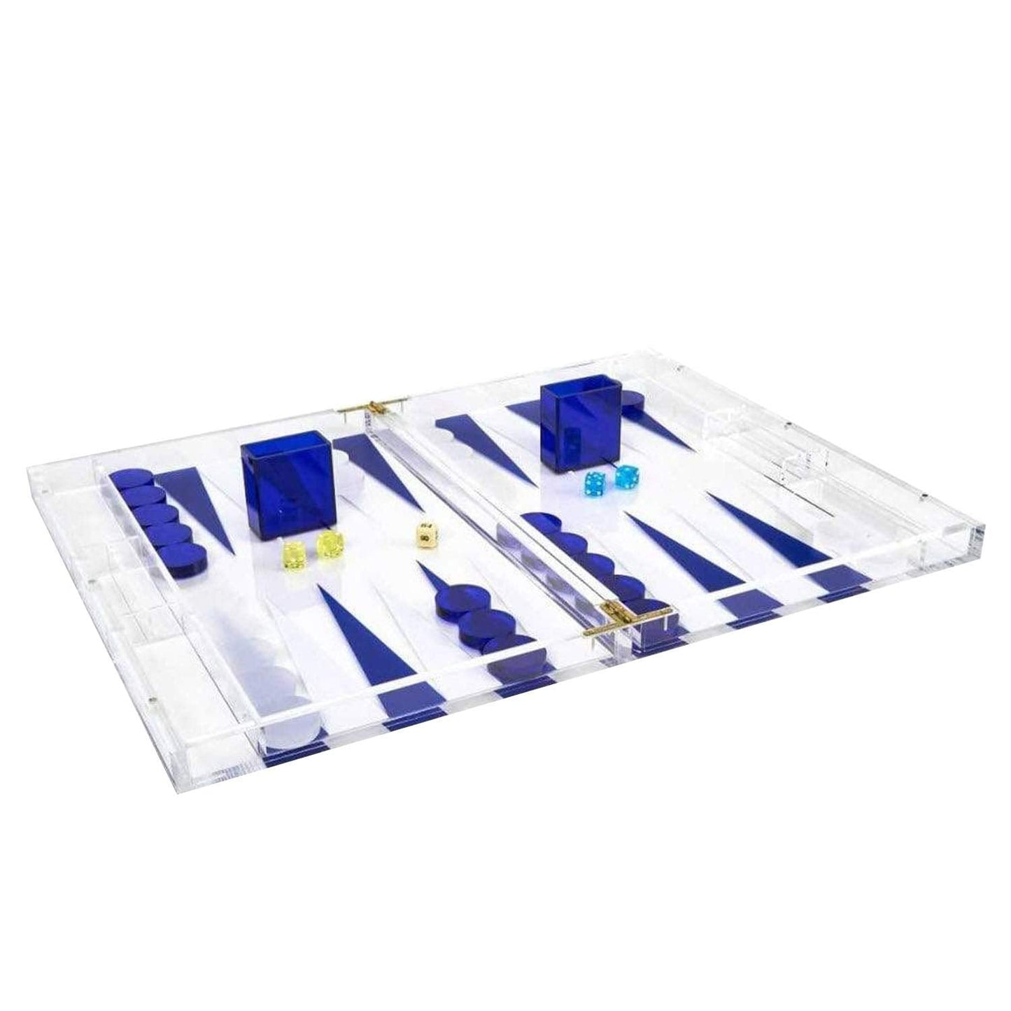 TIZO Elegant 18” Lucite Backgammon Set, Lucite Chips & Cups with Magnetic Closure, Elegant & Practical Boutique Quality Home Décor, Clear, Blue & White