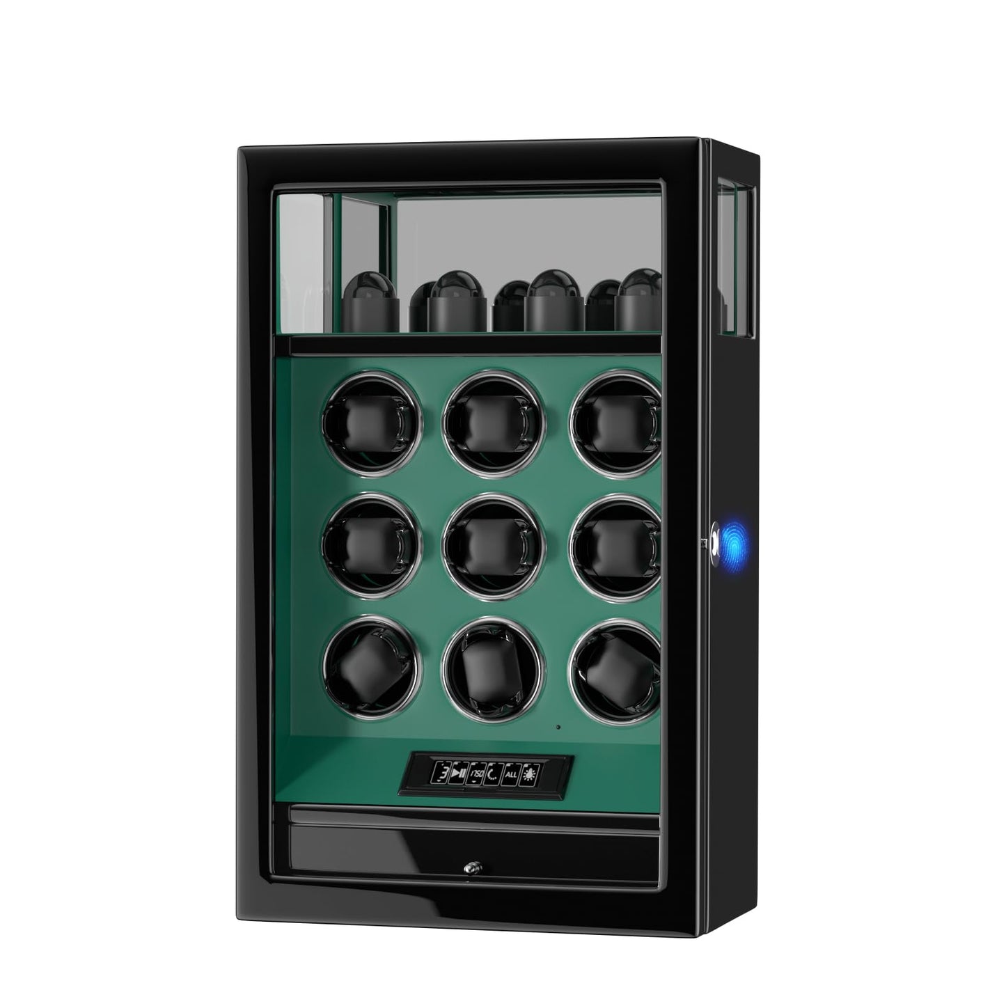 DUKWIN Watch Winder, Fingerprint Lock Automatic Watch Winder for 9 Watches with 4 Holders,300-2300 TPD,Digital Display, Remote Control,Jewelry Storage and Adjustable Watch Pillow and LED Light,Green
