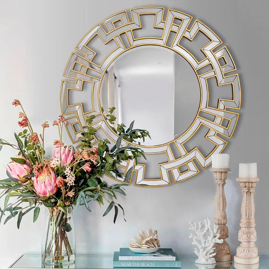 Chende Large Round Mirror, 40'' Modern Living Room Mirrorr with Beveled Glass Edge, Gold Decorative Wall Mirror with Wooden Frame for Dining Room, Entryway, Mantel, Bathroom