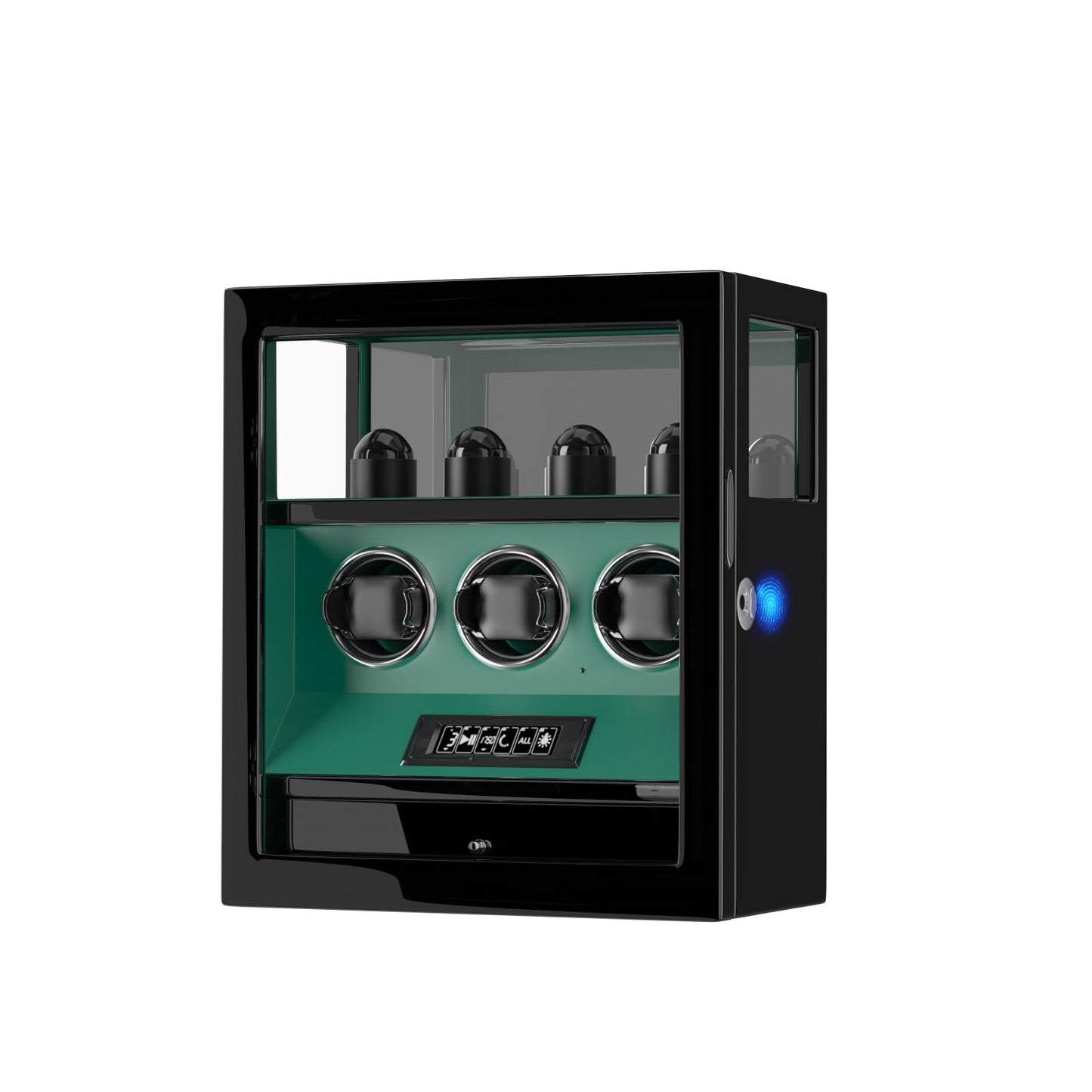 DUKWIN Watch Winder, Fingerprint Lock Automatic Watch Winder for 3 Watches with 4 Holders,300-2300 TPD,Digital Display, Remote Control,Jewelry Storage and Adjustable Watch Pillow and LED Light,Green