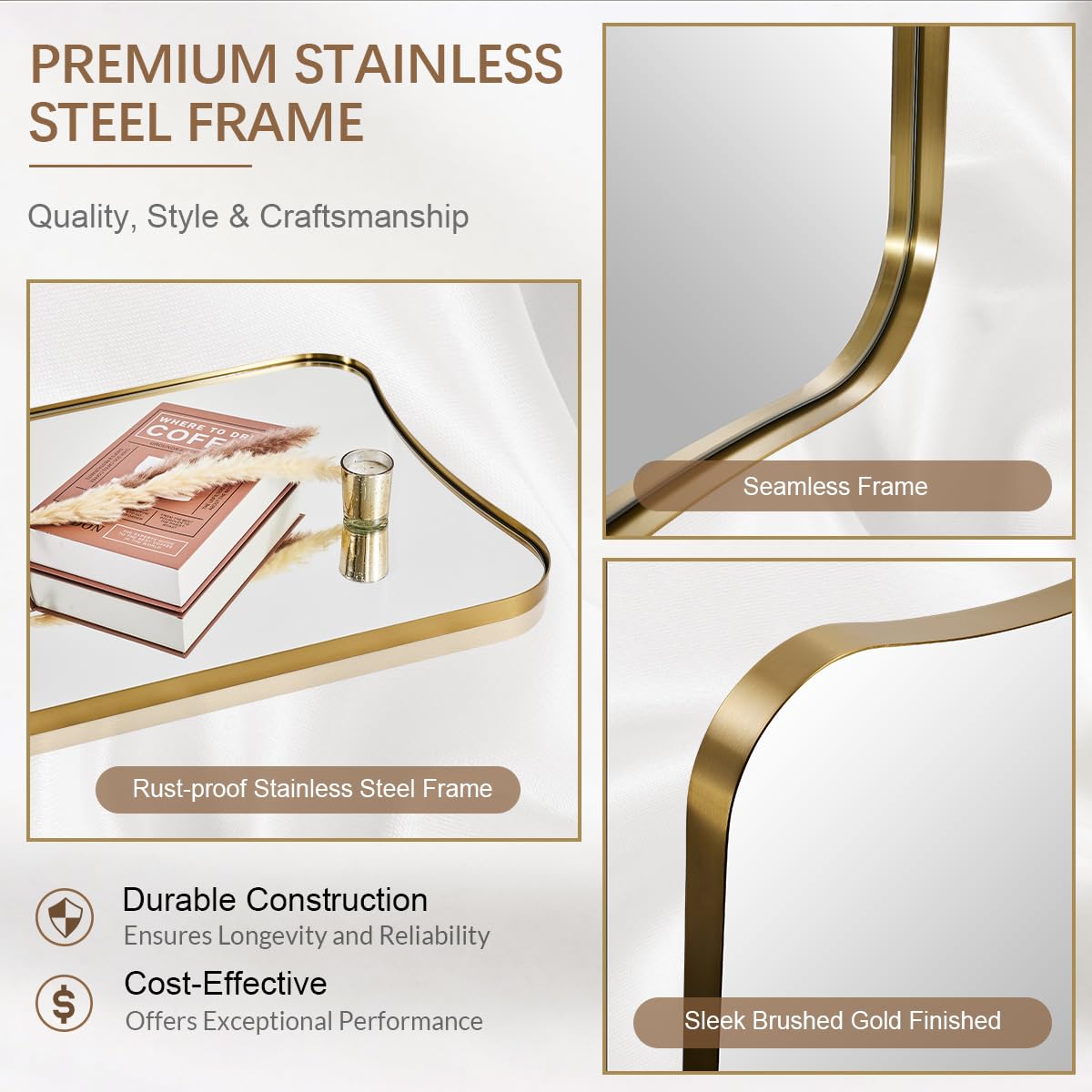 ANDY STAR Full Length Mirror 21" x 64", Gold Decorative Full Body Mirror with Stainless Steel Thin Frame, Italian Curved Edge Design, Wall Mount or Leaning for Bedroom, Cloakroom, Living Room