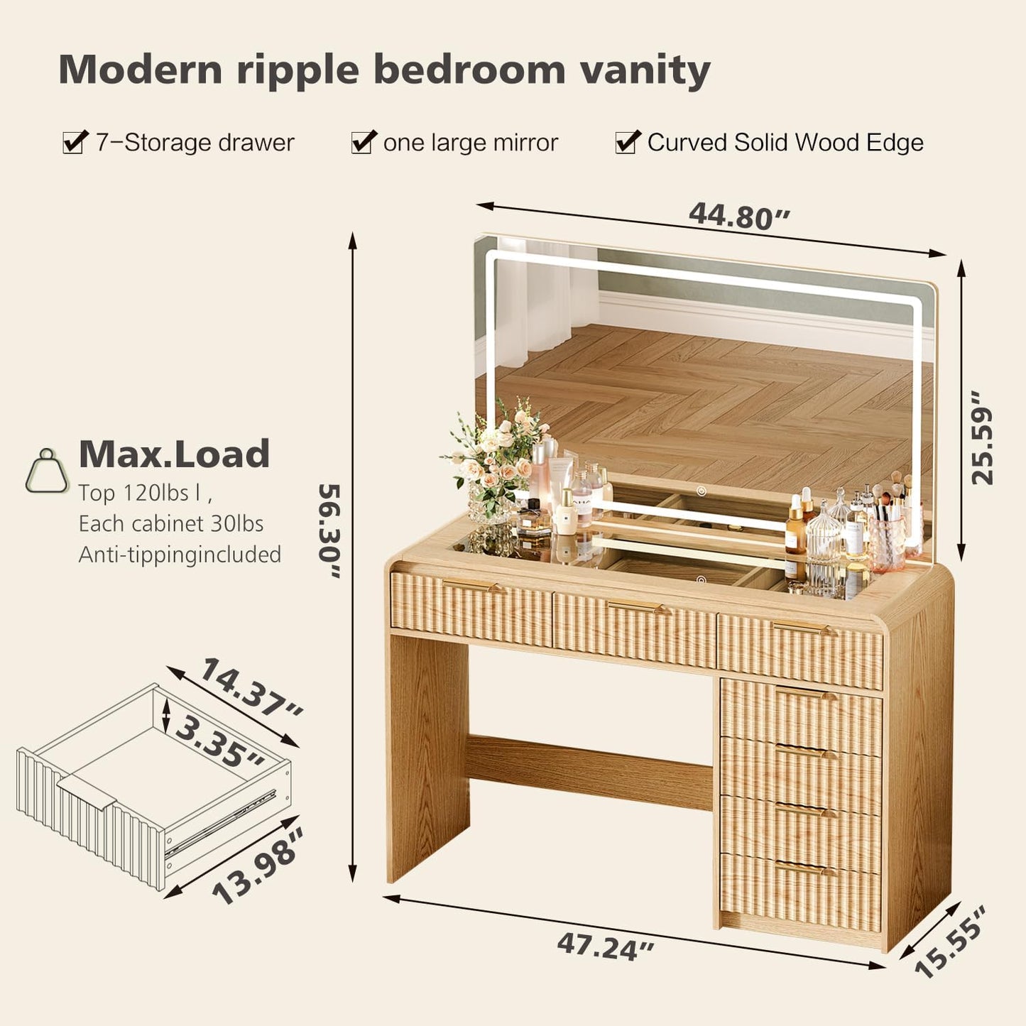 47“Makeup Vanity Desk with 44.8" Mirror and Lights, Vanity Desk with 7 Drawers, Makeup vanity table with a glass tabletop, 3 Color Modes & Adjustable Brightness Dressing Table, Bedroom,Oak515