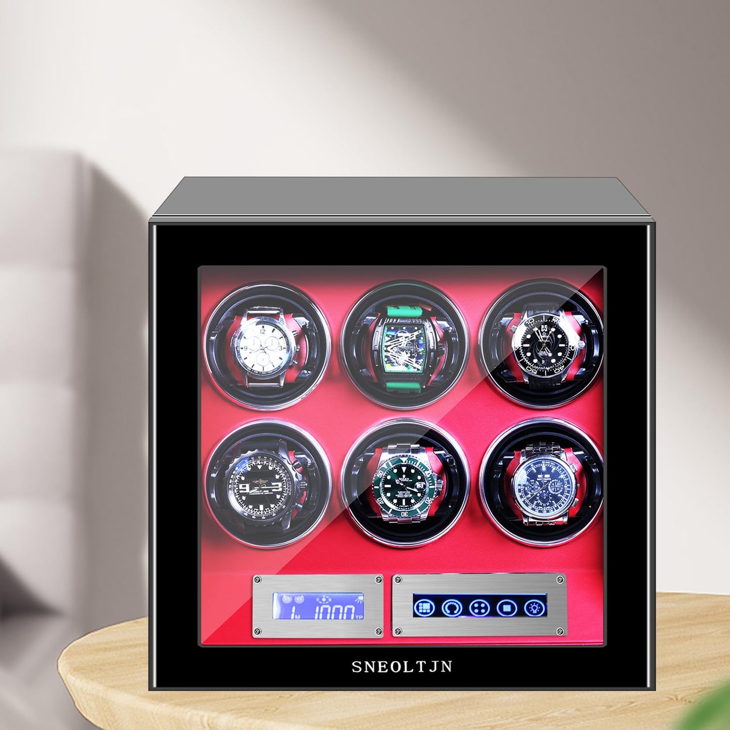 SNEOLTJN Watch Winder for 6 Slots Automatic Watches, Ultra-Quiet Japanese Motors, Built-in LED Illumination and LCD Touchscreen Control