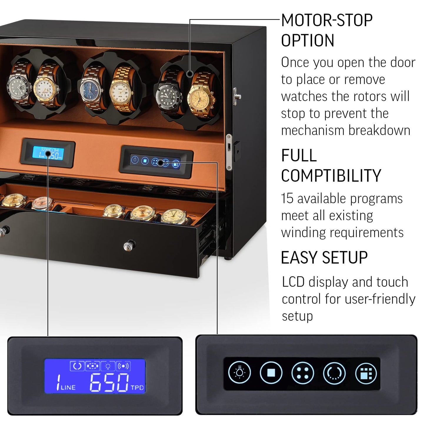 Automatic Watch Winder with 6 Storage Slots, LED Light and Automatic Motor-Stop Option