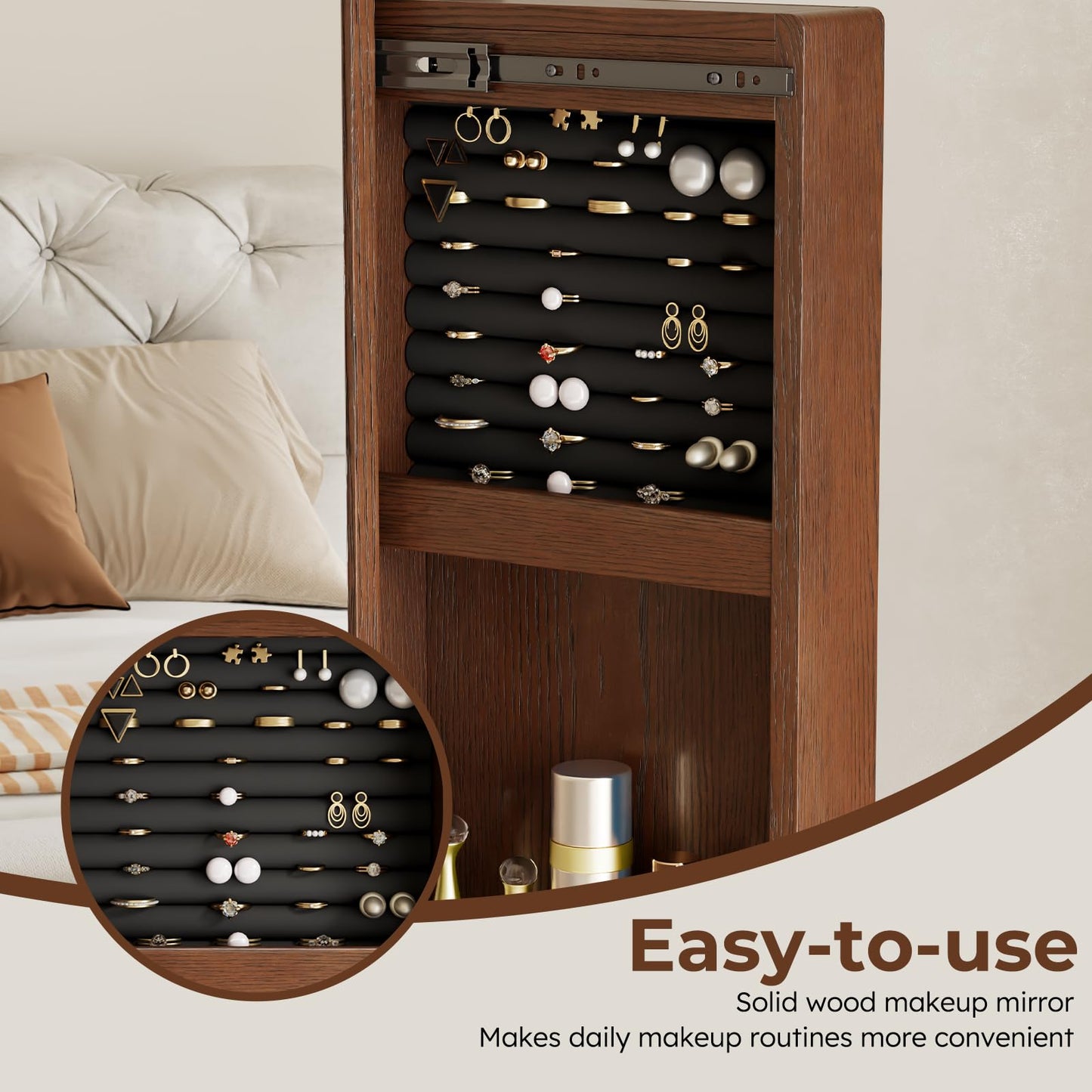Mansfieler 69" H×20" W Solid Wood Mirror Jewelry Cabinet,360°Swivel Jewelry Organizer,Jewelry Armoire Cabinet Standing,Full Length Mirror with Storage&Coat Rack,Walnut