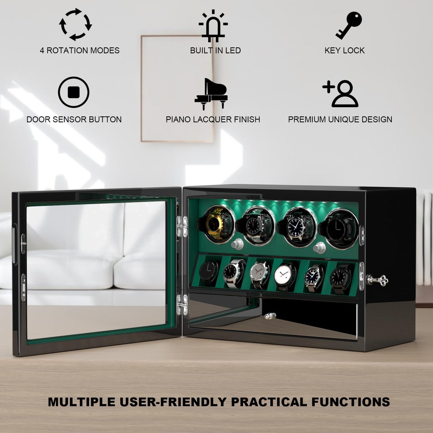 DUKWIN Watch Winder for 4 Automatic Watches,Lockable Watch Winders with Watch and Jewelry Storages, Super Quiet Mabuchi Motor with High-Gloss Piano Lacquer Finish,Built-in Illumination-Green