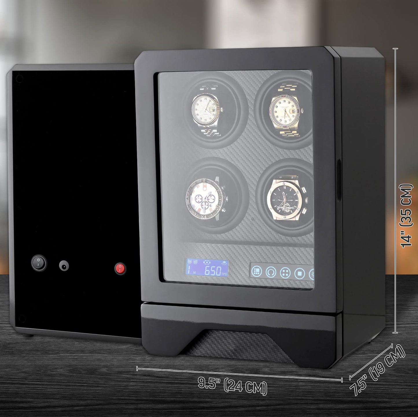 Automatic Watch Winder for 4 Watches with LED Light, LCD Display, Remote Control and Storage Drawer (Black)