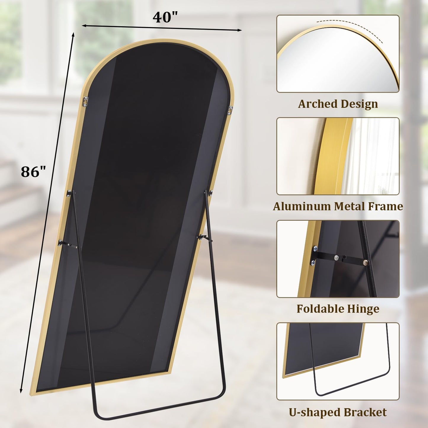 Riskioir 86" x 40" Large Arch Full Length Mirror - Floor Full Body Mirror with Aluminum Frame - Standing, Leaning or Hanging, for Bedroom, Living Room, Gold