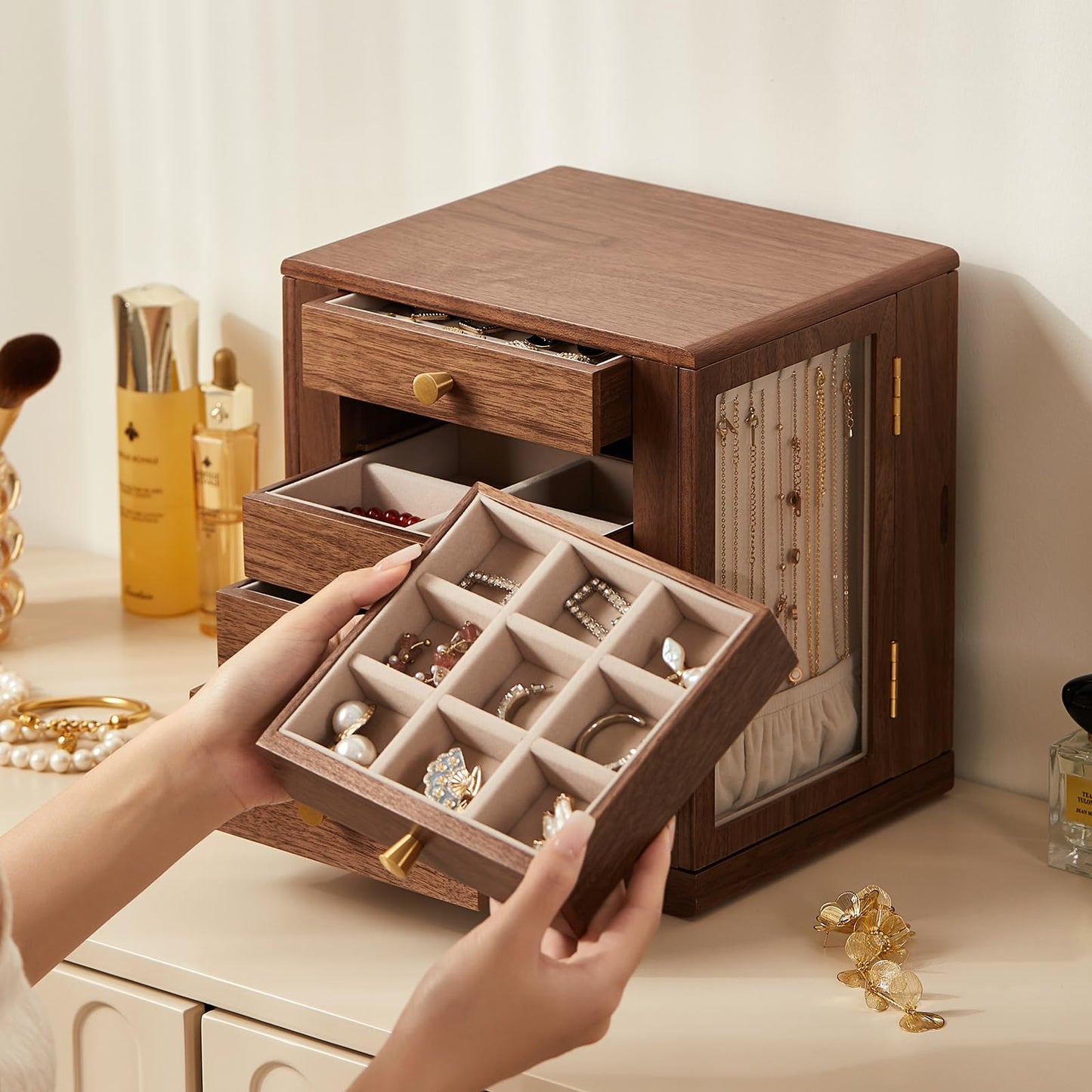Homruilink Black Walnut Wooden Jewelry Box - 360° Rotating Jewelry Organizer for Women with 5 Drawers for Rings,Necklaces,Earrings and Bracelets -Large Storage Case - Ideal Gift