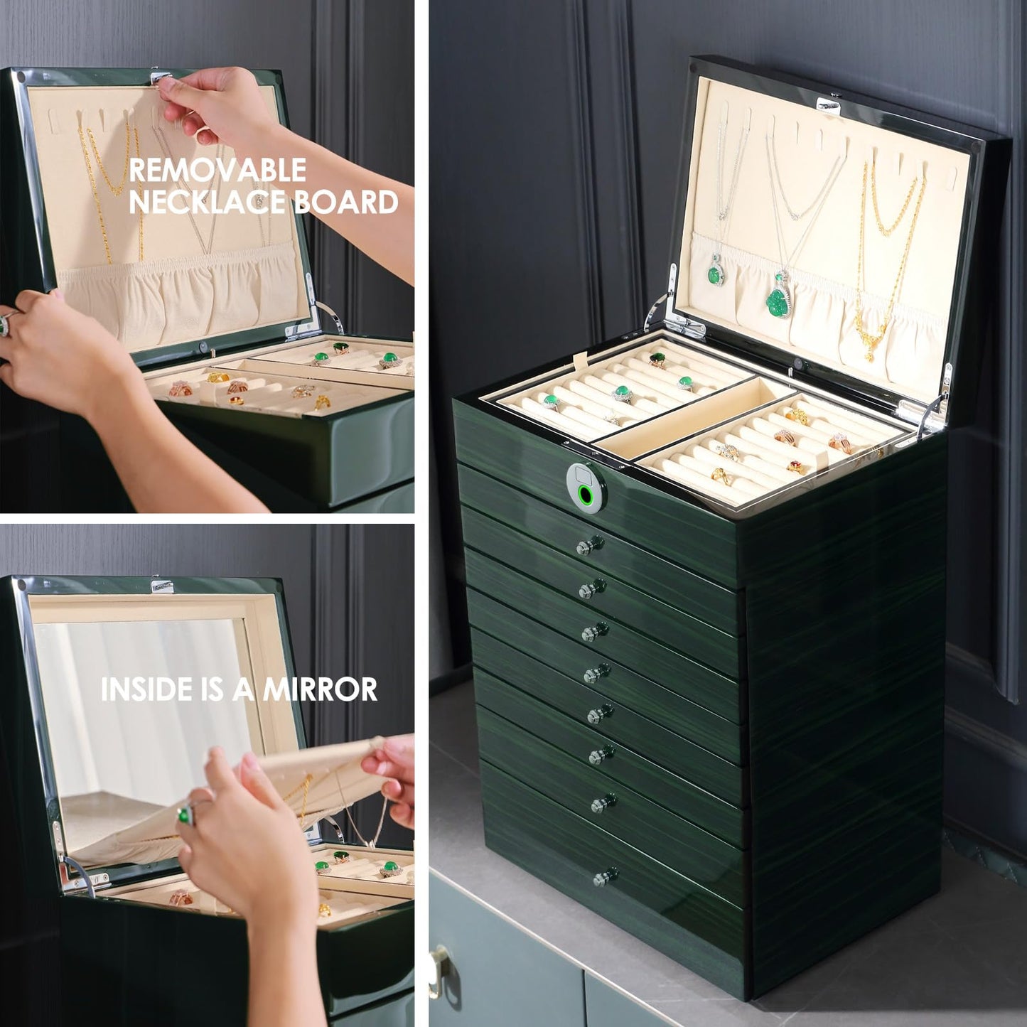 SYENS Wooden Jewelry Box Fingerprint Lockable 9-Layers Extra Large Capacity Jewelry Cabinet for Necklace/Rings/Pendants/Bracelets/Watches/Sunglasses Storage&Organizer Women Gifts (Greenwood)