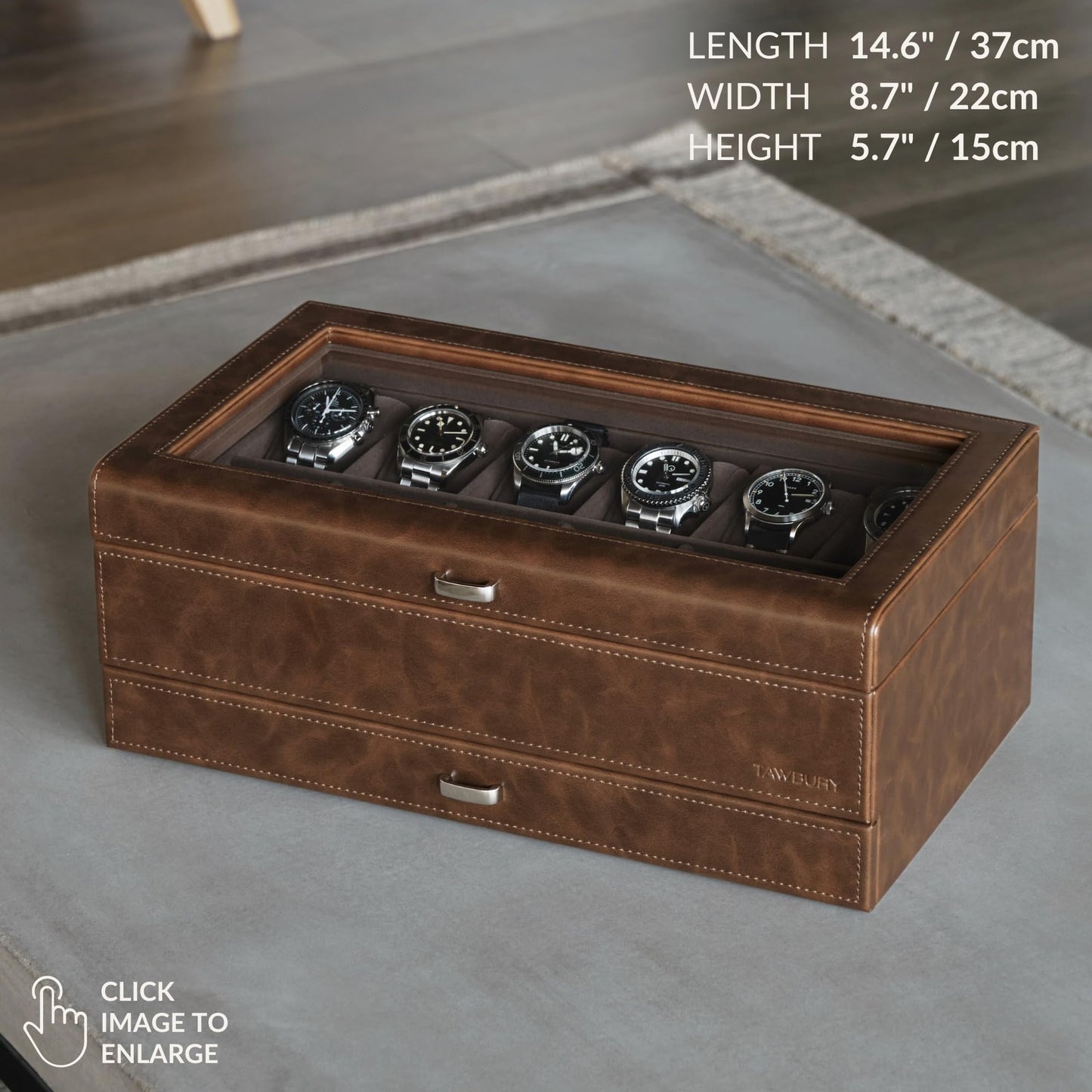 TAWBURY Bayswater 12 Slot Watch Box with Drawer (Brown) with a Set of 12 Small Pillows to Fit 6.6-7.1" Wrists