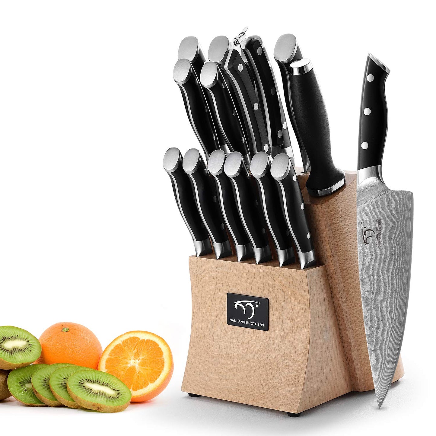 NANFANG BROTHERS 15-Piece Damascus Kitchen Knife Sets with Japanese 67-Layer Damascus Steel, ABS Ergonomic Handle for Chef Knife Set, Ultra Sharp Knife Set with Sharpener, Beechwood Block