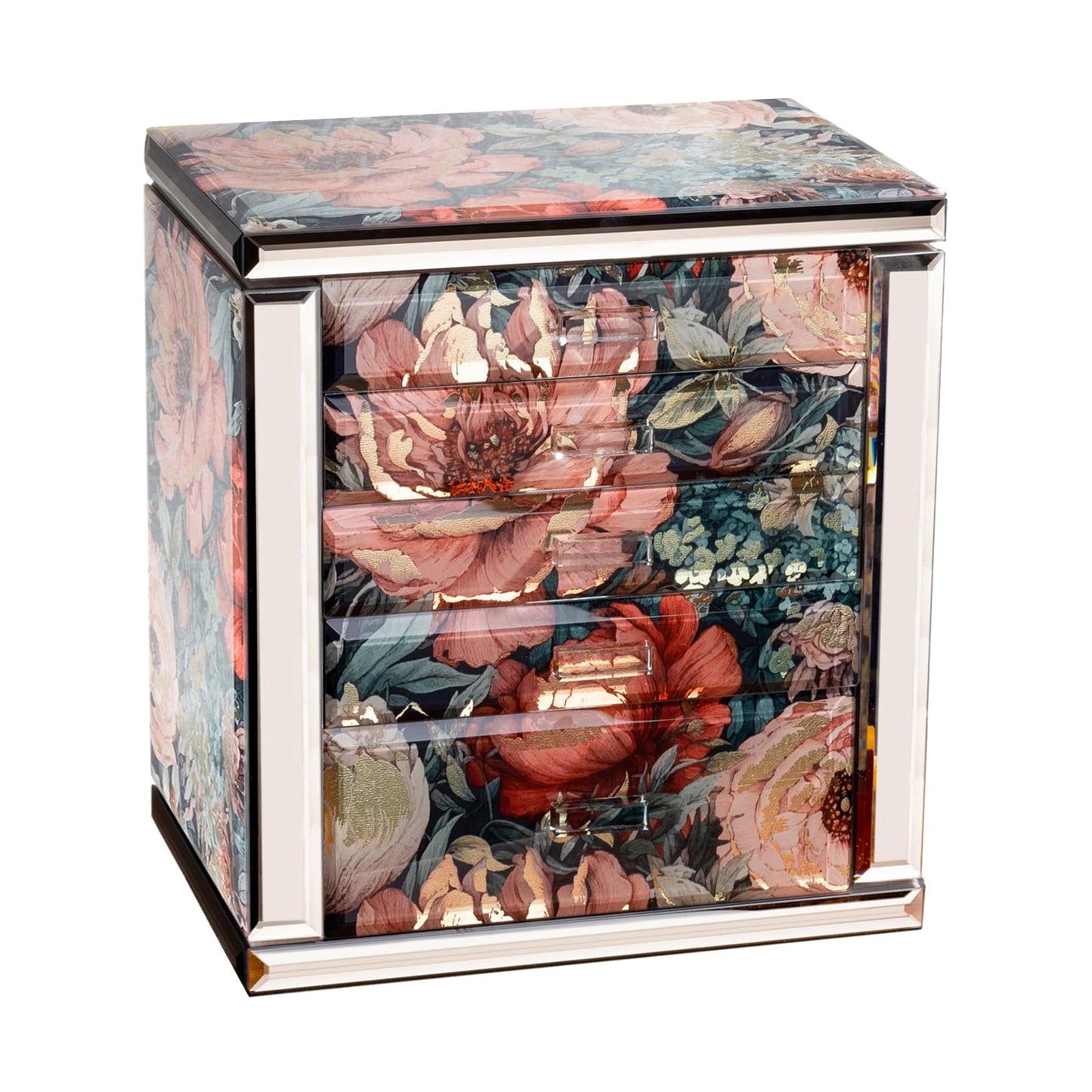Homruilink High End Glass Jewelry Box, 5 Layer Jewelry Organizer for Women, Side Doors & Mirror, Velvet-Lined Storage for Rings & Necklaces, Ideal Gift (Peony)