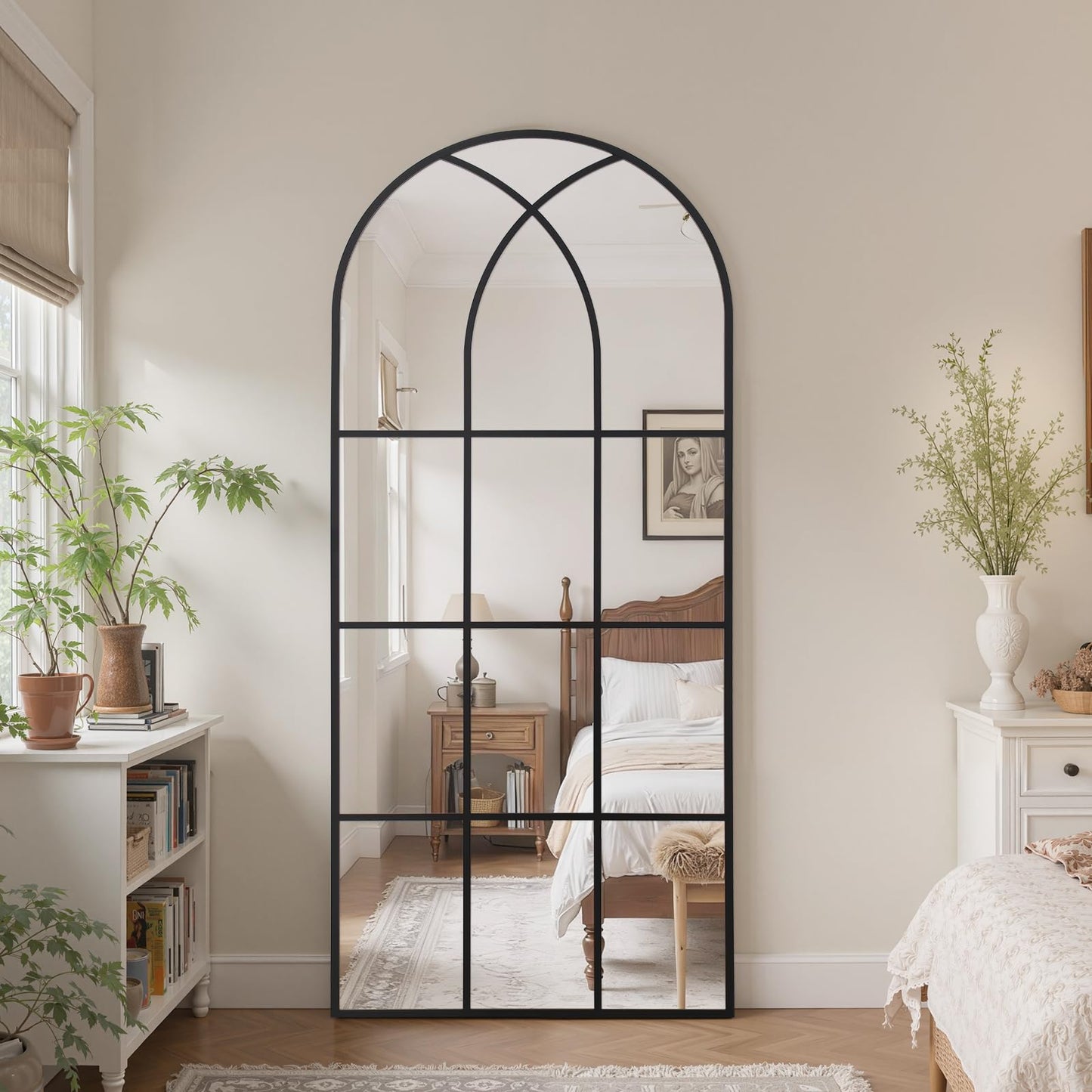 Arched Window pane Full Length Mirror 24"x65", Full Body Standing Mirror, Window Shaped Farmhouse Style with Aluminum Frame, Decor Wall Mirrors for Living Room, Courtyard, Bedroom, Entryway, Black