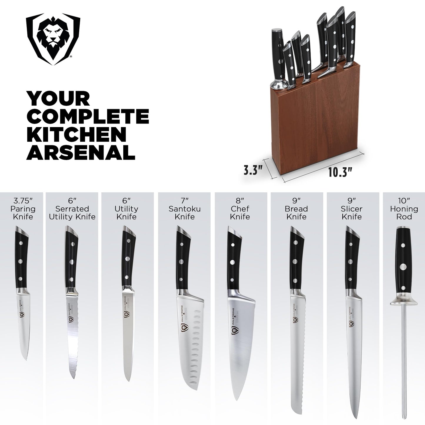 Dalstrong 8-Piece Knife Block Set — German High-Carbon Steel, Full-Tang, Hand-Polished 14–16° Edge — Gladiator Series For First Real Kitchens, New Homeowners & Apartment Cooks — Acacia Block, NSF
