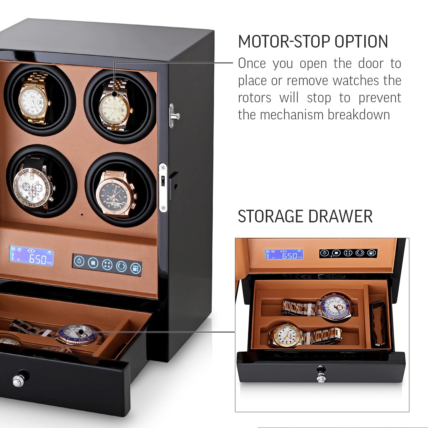 Automatic Watch Winder with LED Light, Storage Drawer and LCD Touchscreen Control (Black + Brown)