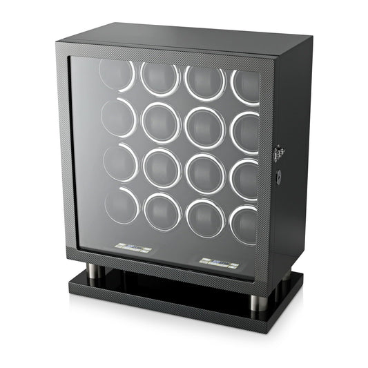 16 Watch Winder for Automatic Watches with LED Light and Coordinated Rotor Stop (Carbon)
