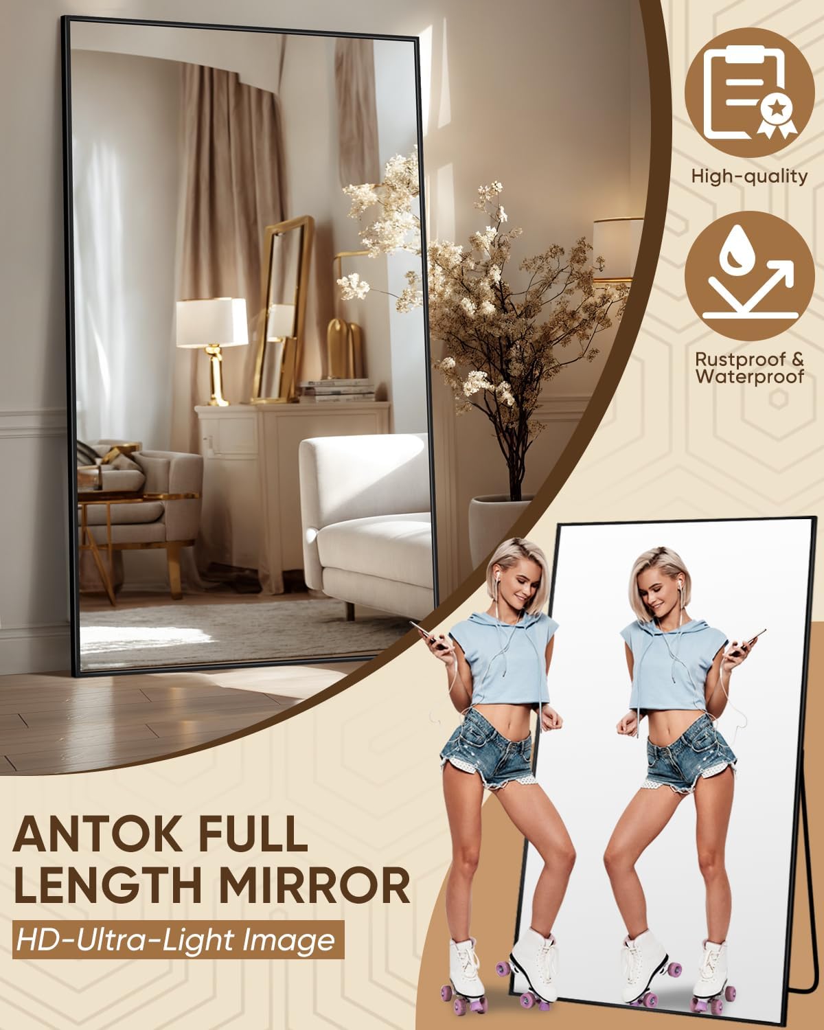 Antok Full Length Mirror, 82"x44" Floor Mirror, Floor Standing Freestanding Full Body Mirror with Stand for Bedroom, Hanging Mounted for Living Room Cloakroom, Black